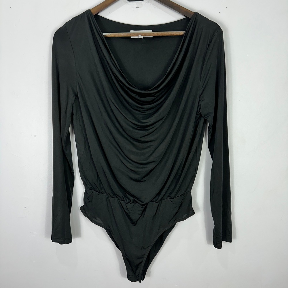 Leyden Bodysuit Women Medium Black Cowl Neck Long Sleeve Draped Minimalist